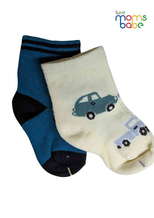 Baby Socks  - Pack of 2  for Baby boys ( 12-24 Months )-Blue&Cream,cotton baby socks, kids socks pack of 2, soft toddler socks, infant socks boys