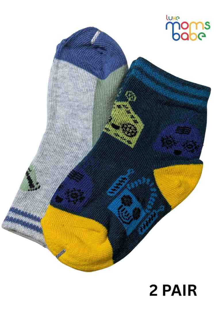 Baby Socks  - Pack of 2  for Baby boys ( 12-24 Months )- blue, grey, and yellow ,cotton baby socks, kids socks pack of 2, soft toddler socks
