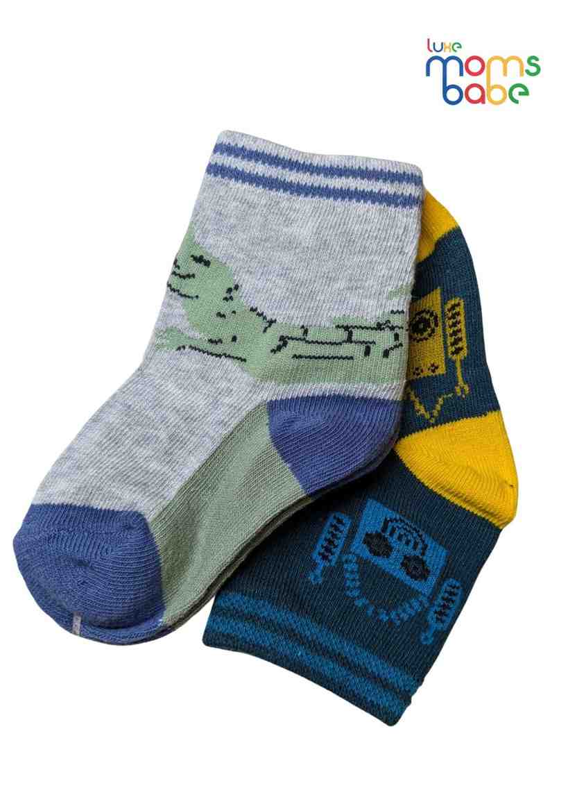 Baby Socks  - Pack of 2  for Baby boys ( 12-24 Months )- blue, grey, and yellow ,cotton baby socks, kids socks pack of 2, soft toddler socks