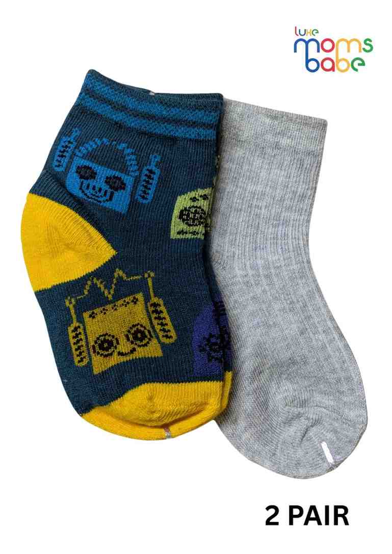 Baby Socks  - Pack of 2  for Baby boys ( 12-24 Months )-dark blue with yellow and light gray,cotton baby socks, kids socks pack of 2, soft toddler socks