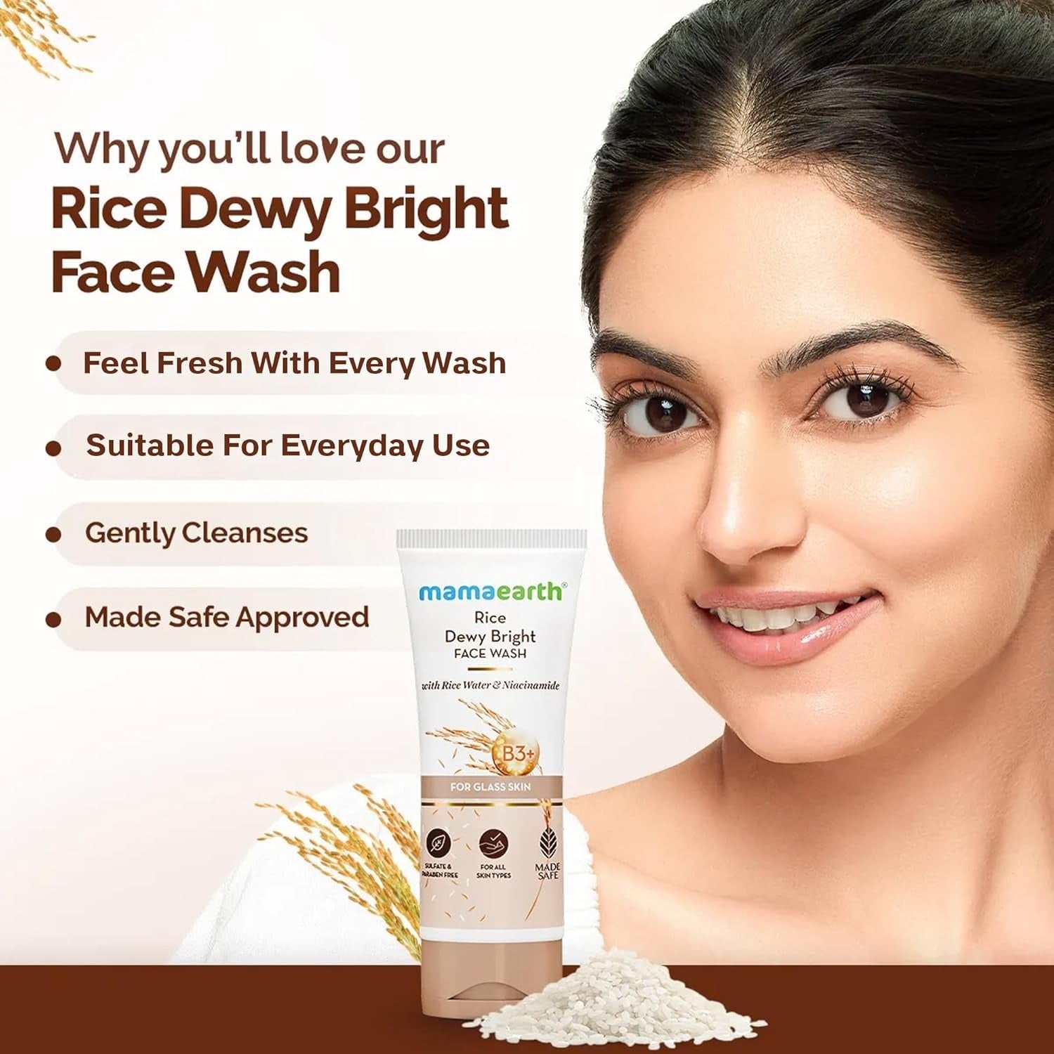 Mamaearth Rice Dewy Bright Face Wash With Rice Water & Niacinamide for Glass Skin | For Hydrated & Even skin Tone | Glowing & Brightening | Korean skin Care