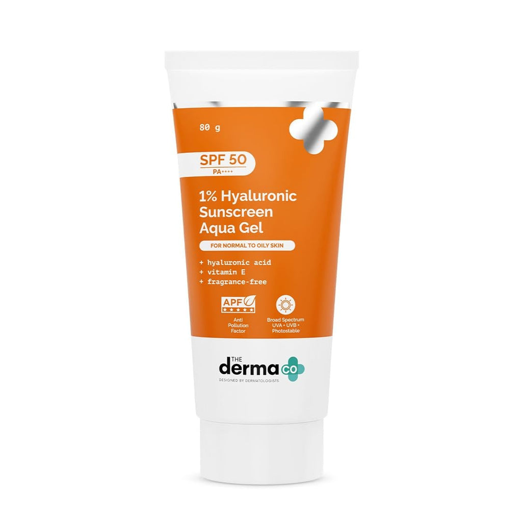 The Derma Co 1% Hyaluronic Sunscreen Aqua Gel SPF 50 PA++++ | Hydrating, Lightweight & Non-Greasy | No White Cast | Broad Spectrum & Blue Light Protection