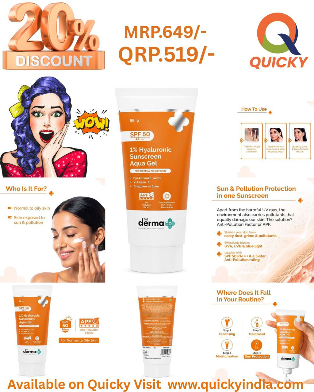 The Derma Co 1% Hyaluronic Sunscreen Aqua Gel SPF 50 PA++++ | Hydrating, Lightweight & Non-Greasy | No White Cast | Broad Spectrum & Blue Light Protection