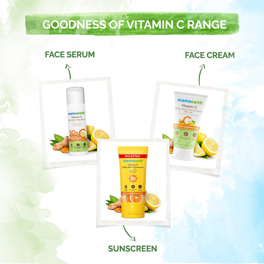 Mamaearth Vitamin C Daily Glow Sunscreen with Vitamin C & Turmeric | For Sun Protection, Tan Protection & Glow | SPF 50 & PA++++ Protection | No White Cast