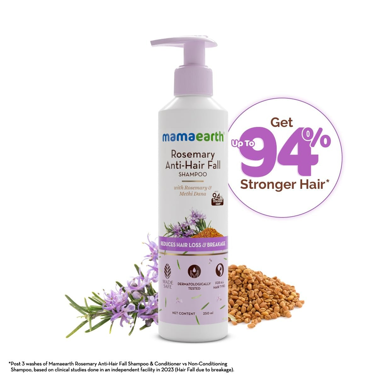 Mamaearth Rosemary Anti Hair Fall Shampoo with Rosemary & Methi Dana for Reducing Hair Loss & Breakage- 250 ml | Up to 94% Stronger Hair* | Up to 93% Less Hair