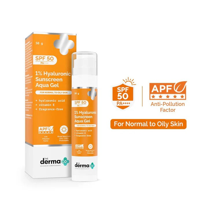The Derma Co 1% Hyaluronic Sunscreen Aqua Gel SPF 50 PA++++ | Hydrating, Lightweight & Non-Greasy | No White Cast | Broad Spectrum & Blue Light Protection | Clinically Tested - (In-Vivo) | 50 g