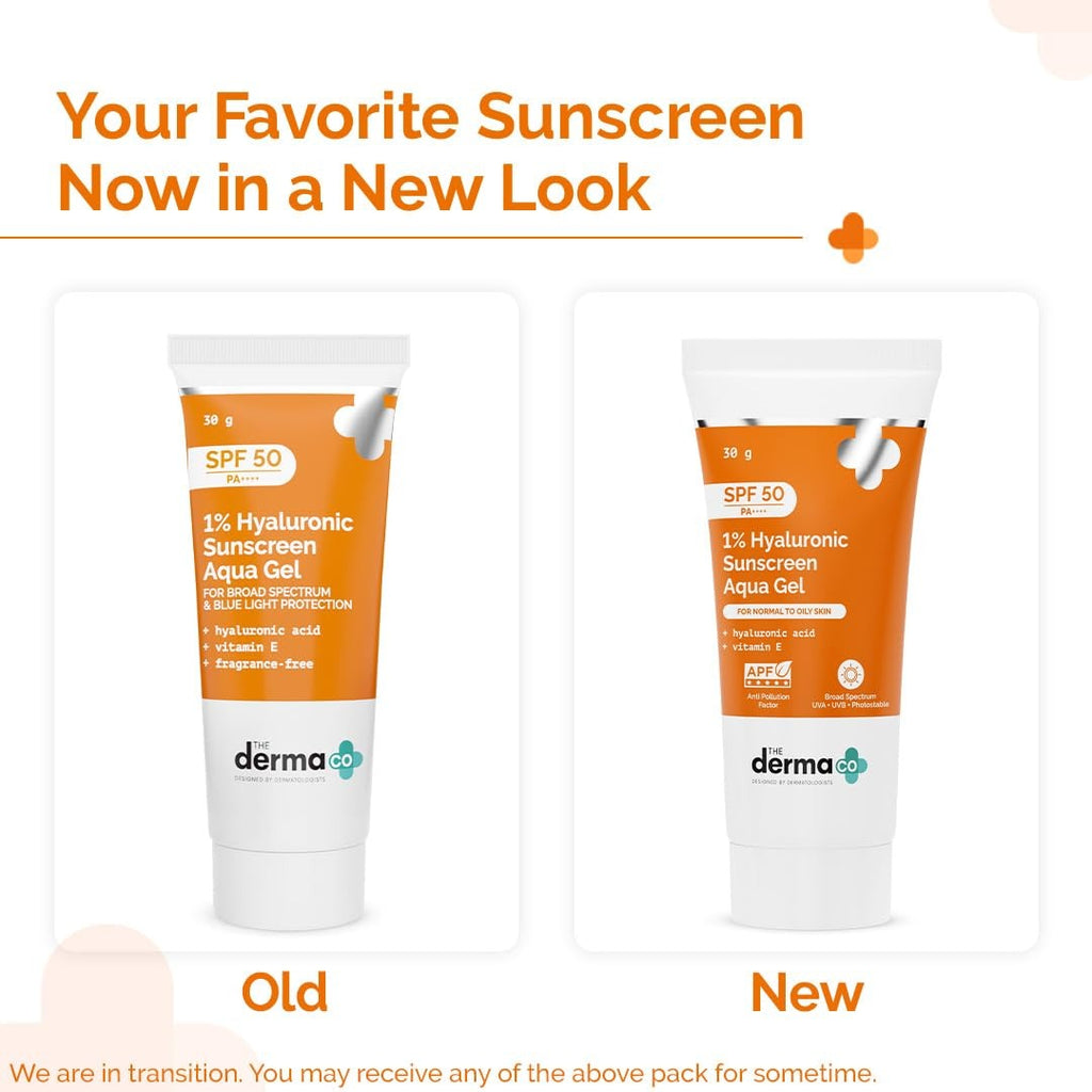 The Derma Co 1% Hyaluronic Sunscreen Aqua Gel SPF 50 PA++++ | Hydrating, Lightweight & Non-Greasy | No White Cast | Broad Spectrum & Blue Light Protection 30g