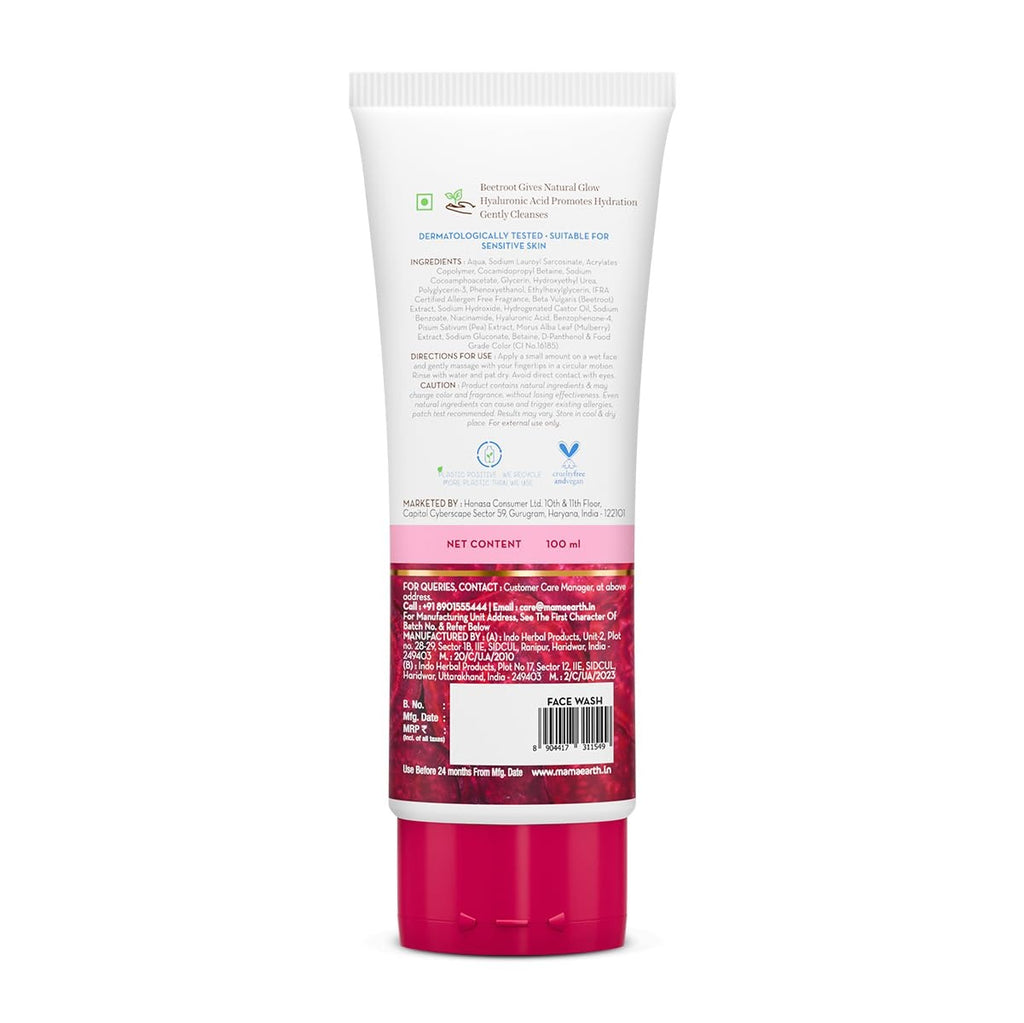 Mamaearth Beetroot Gentle Face Wash&Hyaluronic Acid For Hydrated Pink Glow -100Ml|Gently Cleanses|Hydrates&Soothes Skin|Soap - Free|Non-Irritant|Safe For Skin