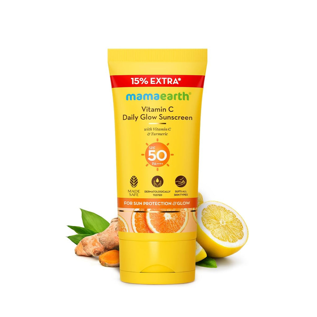 Mamaearth Vitamin C Daily Glow Sunscreen with Vitamin C & Turmeric | For Sun Protection, Tan Protection & Glow | SPF 50 & PA++++ Protection | No White Cast 30g