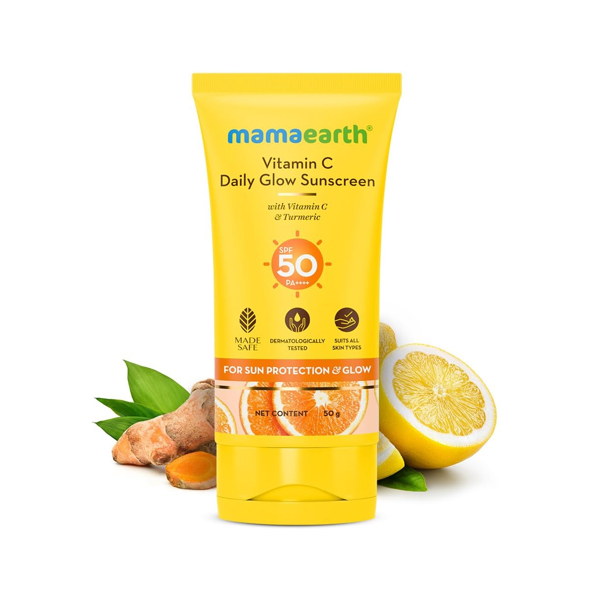 Mamaearth Vitamin C Daily Glow Sunscreen SPF 50 PA++++ – In-Vivo Tested (ISO 24444:2019 Certified, CTRI/2025/05/087276) - 50g