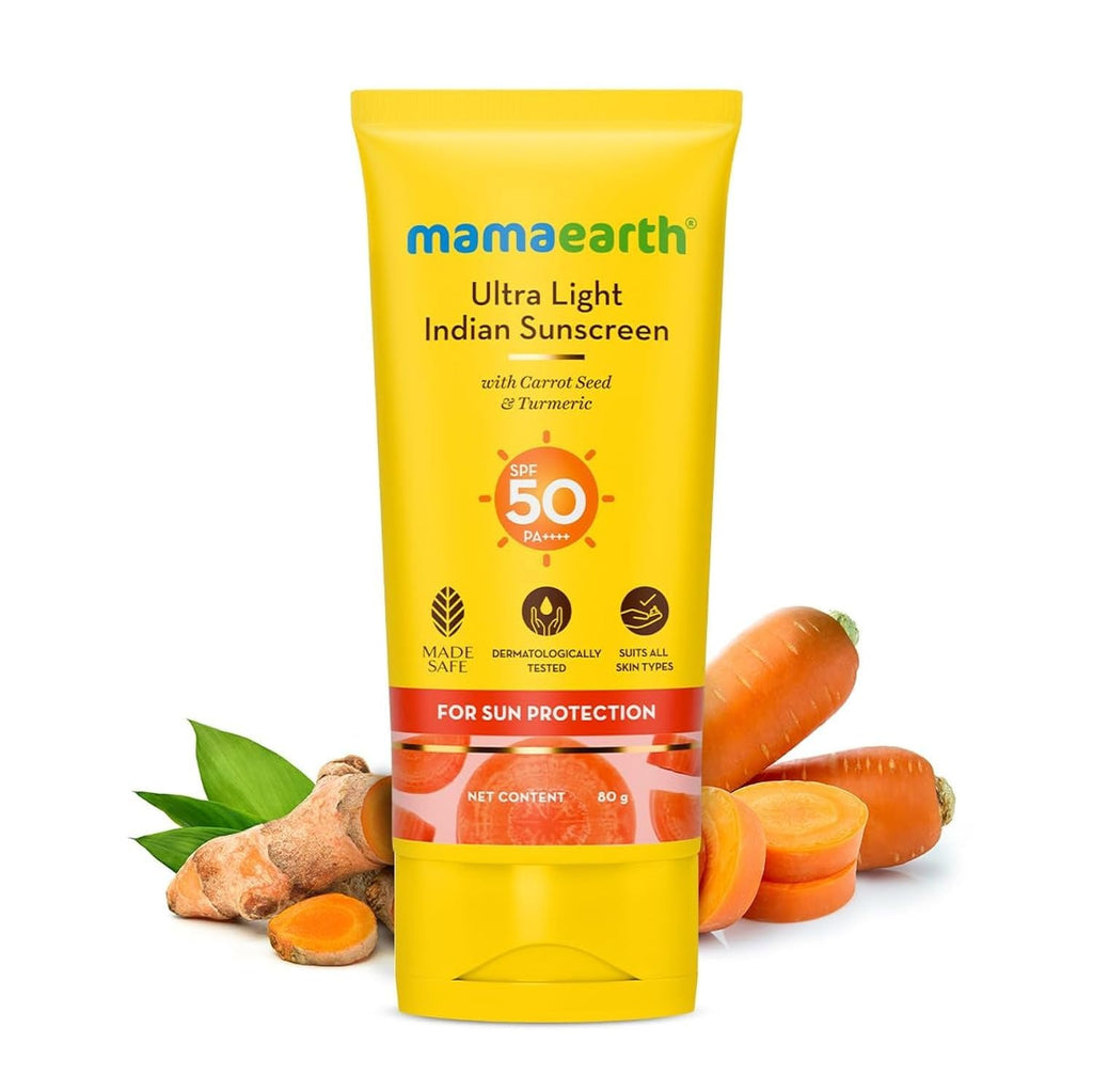 Mamaearth Ultra Light Indian Sunscreen with Carrot Seed & Turmeric | SPF 50 PA ++++ | UVA & UVB Protection | Tan Protection | No White Cast 80g