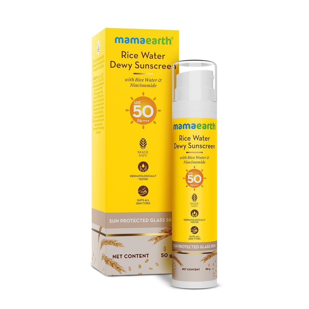 Mamaearth Rice Water Dewy Sunscreen with SPF 50 PA++++ | UVA & UVB Protection | Tan Protection | Gives Glass Skin Glow | No White Cast | For All Skin Types | 50