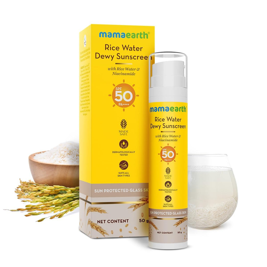 Mamaearth Rice Water Dewy Sunscreen with SPF 50 PA++++ | UVA & UVB Protection | Tan Protection | Gives Glass Skin Glow | No White Cast | For All Skin Types | 50