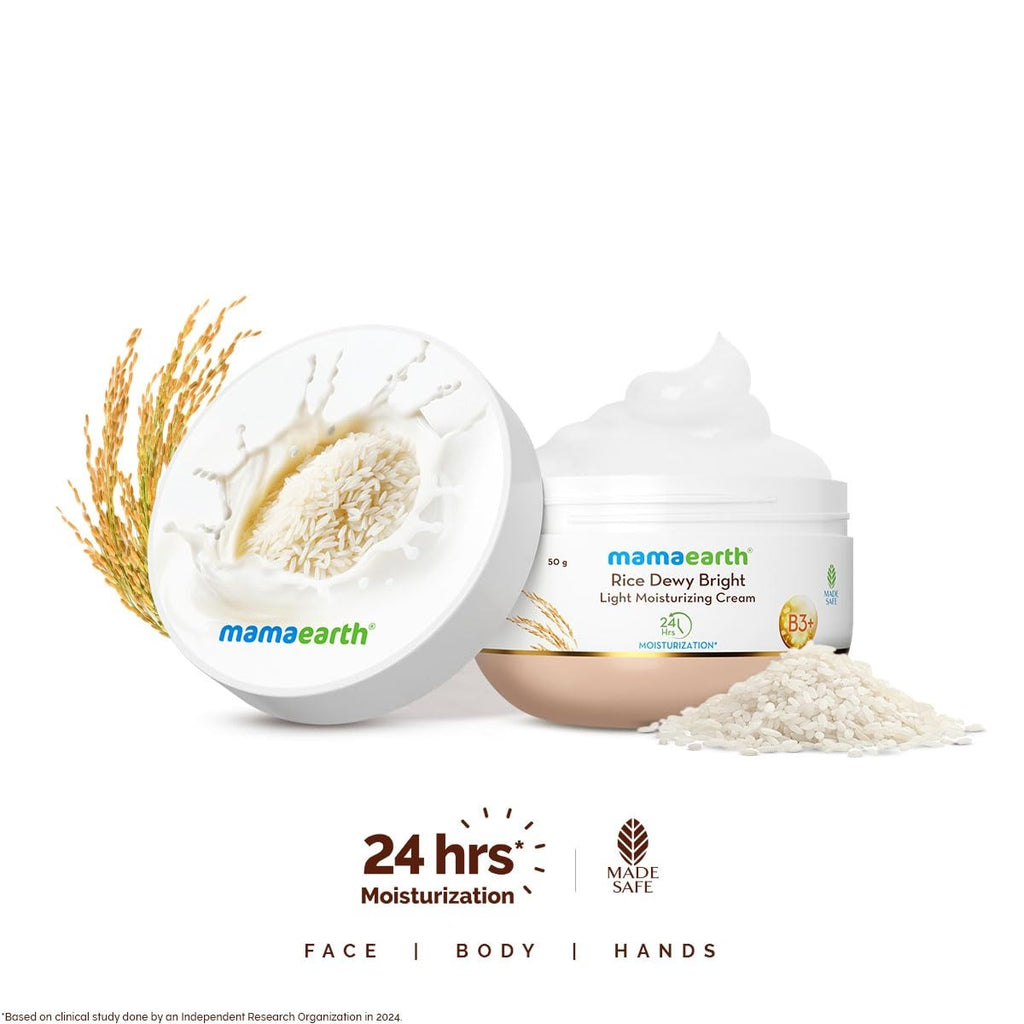 Mamaearth Rice Dewy Bright Light Moisturizing Cream With Rice Water & Niacinamide For Glass-Skin 50G|For Face, Hands & Body |24H Long-Lasting Moisturization
