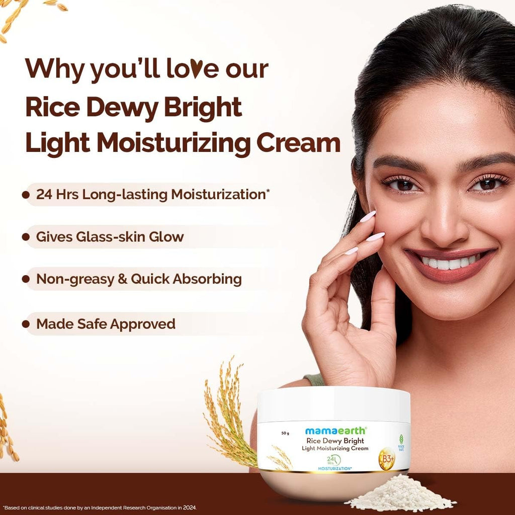 Mamaearth Rice Dewy Bright Light Moisturizing Cream With Rice Water & Niacinamide For Glass-Skin 50G|For Face, Hands & Body |24H Long-Lasting Moisturization