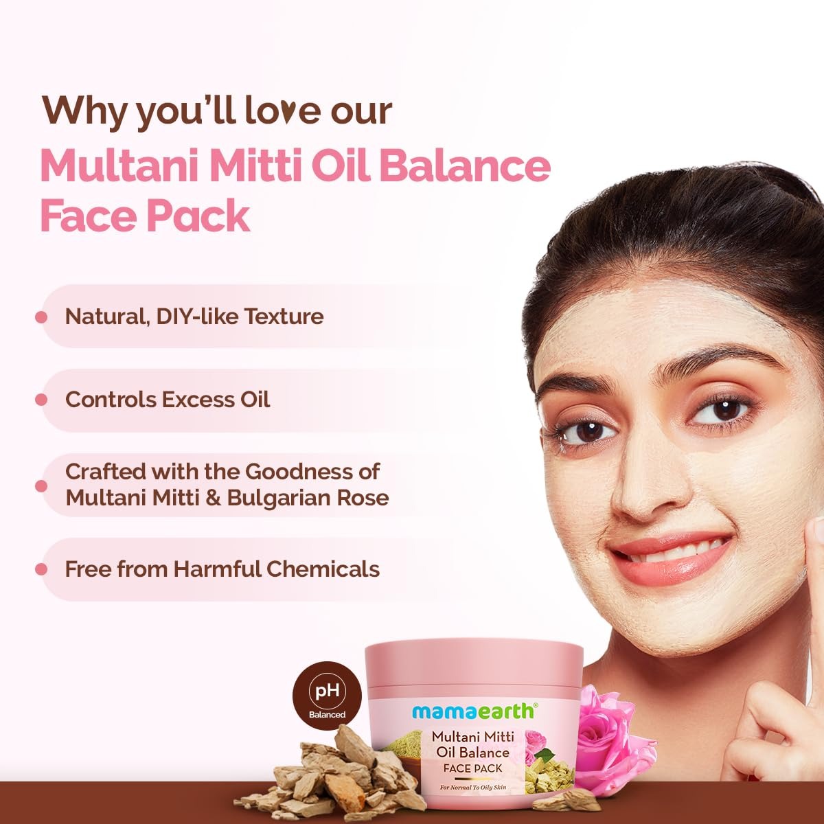 Mamaearth Multani Mitti Oil Balance Face Pack with Multani Mitti & Bulgarian Rose for Normal to Oily Skin 200g | DIY-like Texture | Controls Oil & Acne