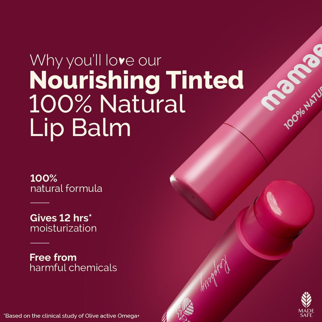 Mamaearth Nourishing Tinted 100% Natural Lip Balm With Vitamin E And Raspberry - 4 G|Gives 12-Hour Moisturization|For Dry&Chapped Lips|Naturally Pink Lips