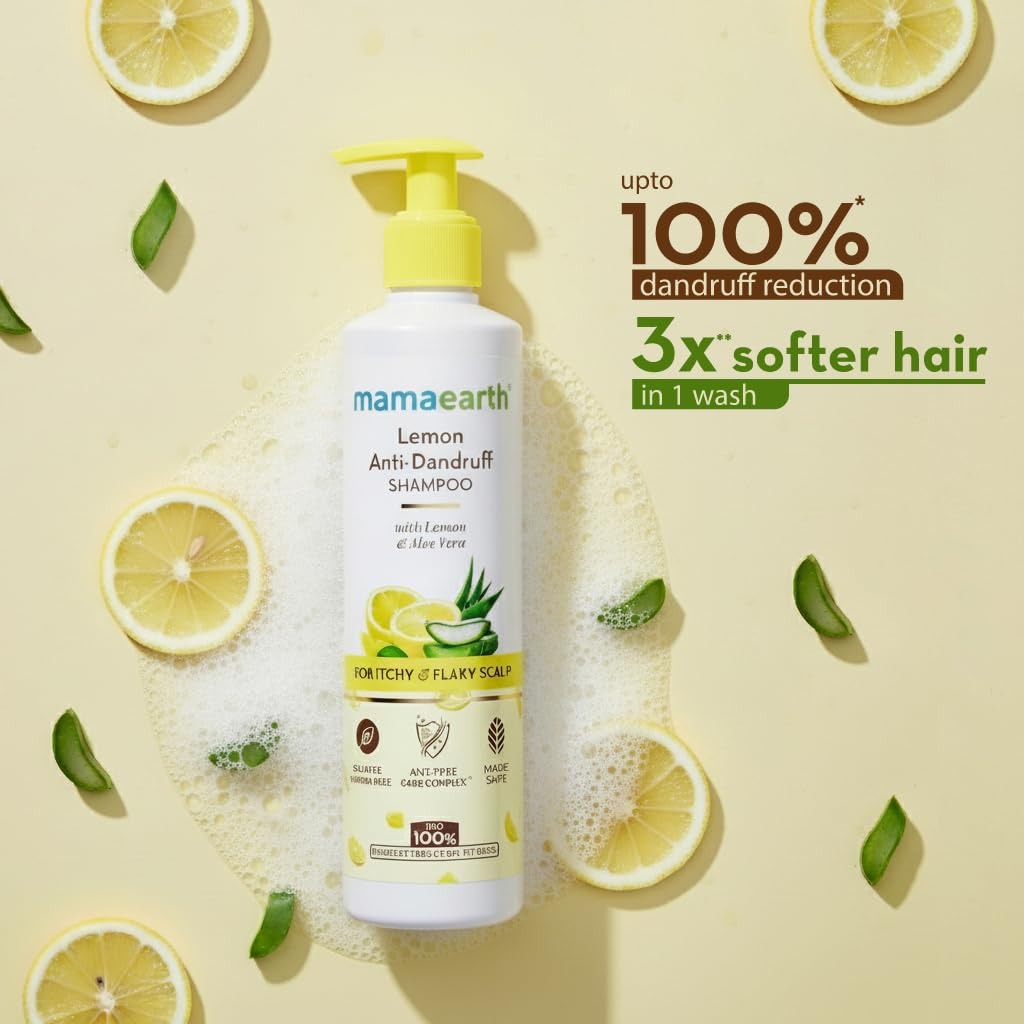 Mamaearth Lemon Anti-Dandruff Shampoo with Lemon, ZPTO, Climbazole, Aloe Vera for Itchy & Flaky Scalp | Upto 100% Dandruff Reduction & 3X Softer Hair in 1 Wash