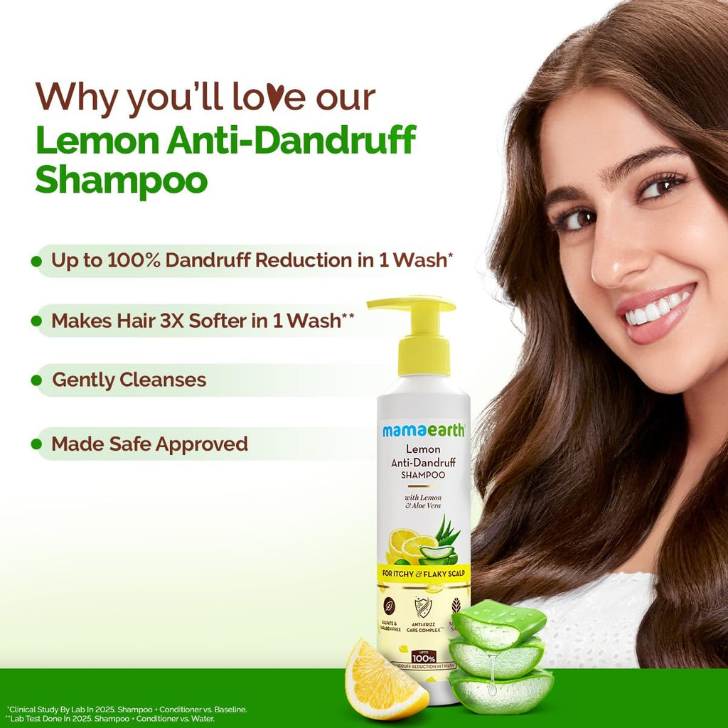 Mamaearth Lemon Anti-Dandruff Shampoo with Lemon, ZPTO, Climbazole, Aloe Vera for Itchy & Flaky Scalp | Upto 100% Dandruff Reduction & 3X Softer Hair in 1 Wash