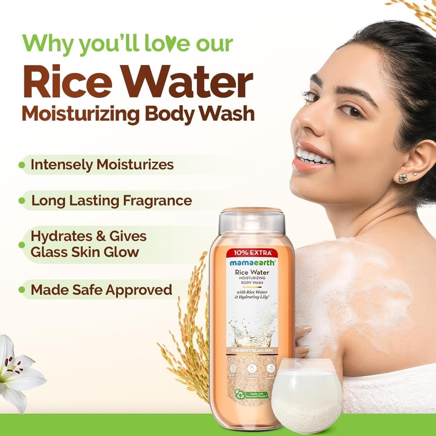 Mamaearth Rice Water Moisturizing Body Wash with Rice Water & Hydrating Lily Scent for Dewy Glass Skin - 275 ml | Intensely Moisturizes |Long Lasting Fragrance