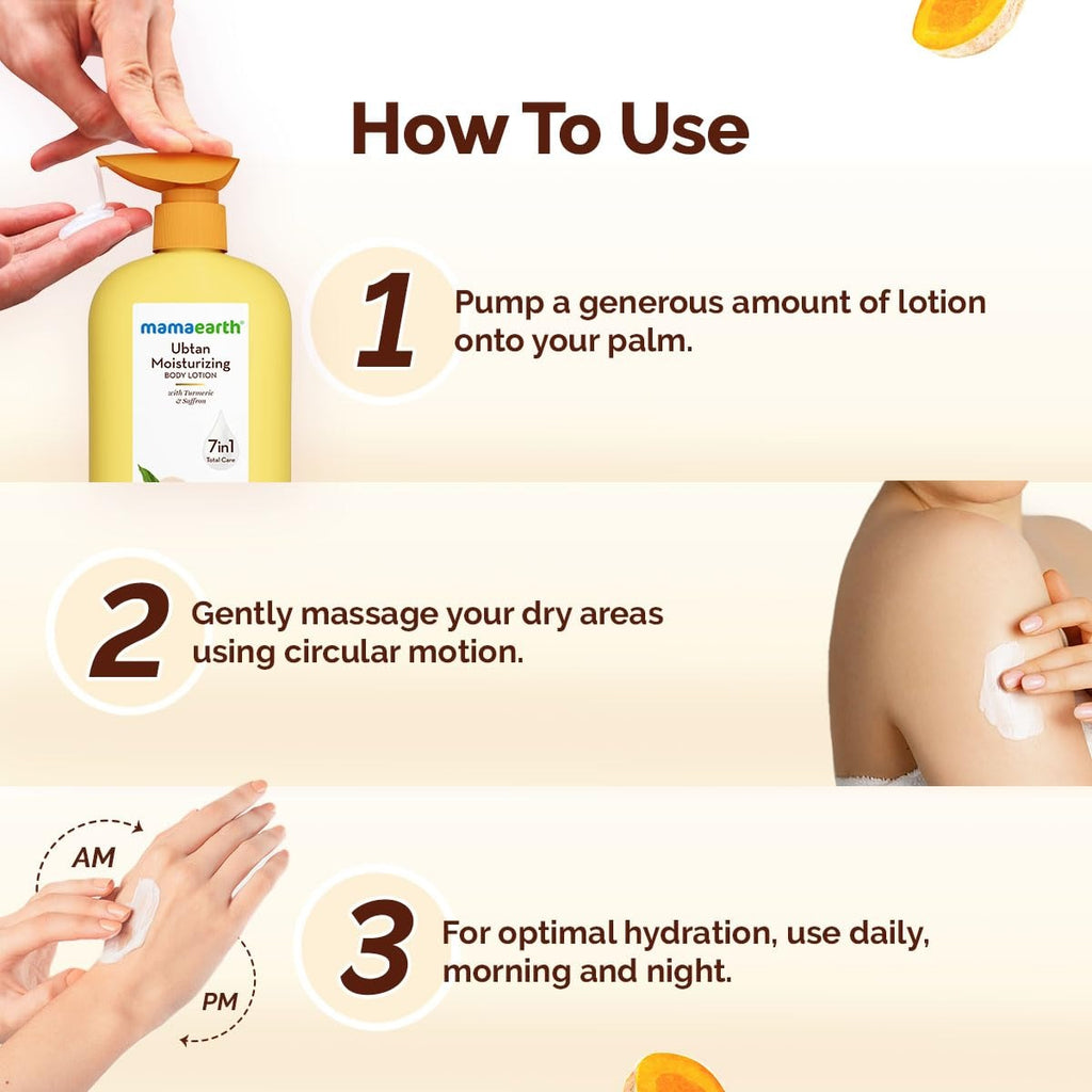 Mamaearth Ubtan Moisturizing Body Lotion with Turmeric & Saffron for Glowing Skin | 48 Hrs Moisturization | Nourishes Dry Skin | 7 in1 Total Care