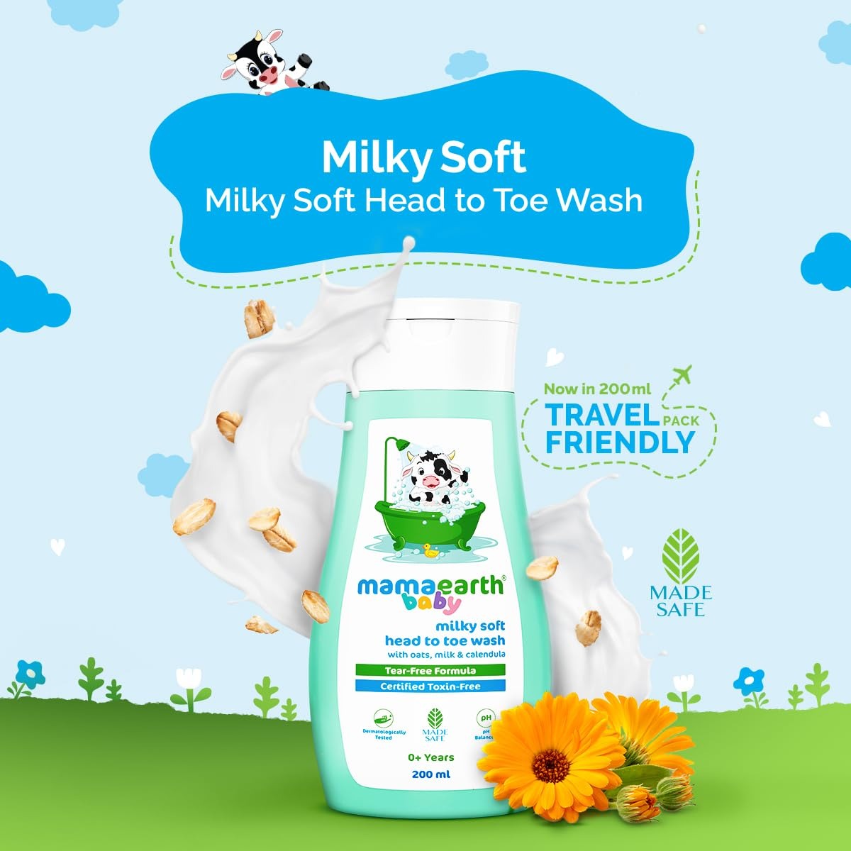 Mamaearth Milky Soft Head to Toe Wash With Oats, Milk, and Calendula for Babies- 200 ml |2-in-1 Tear-Free Body Wash & Shampoo | Moisturizes and Soothes Skin