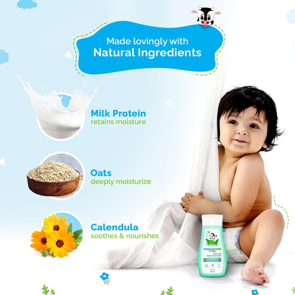 Mamaearth Milky Soft Head to Toe Wash With Oats, Milk, and Calendula for Babies- 200 ml |2-in-1 Tear-Free Body Wash & Shampoo | Moisturizes and Soothes Skin