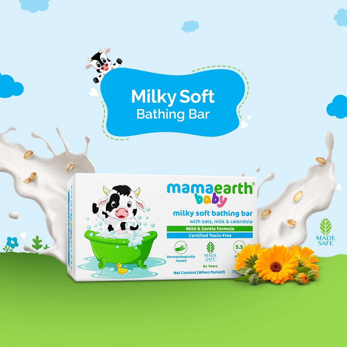 Mamaearth Milky Soft Bathing Bar For Babies - 75 g x 2 | Infused with Oats, Milk and Calendula | Gently Cleanses Skin, Keeps Skin Soft & Smooth, Mild & Gentle