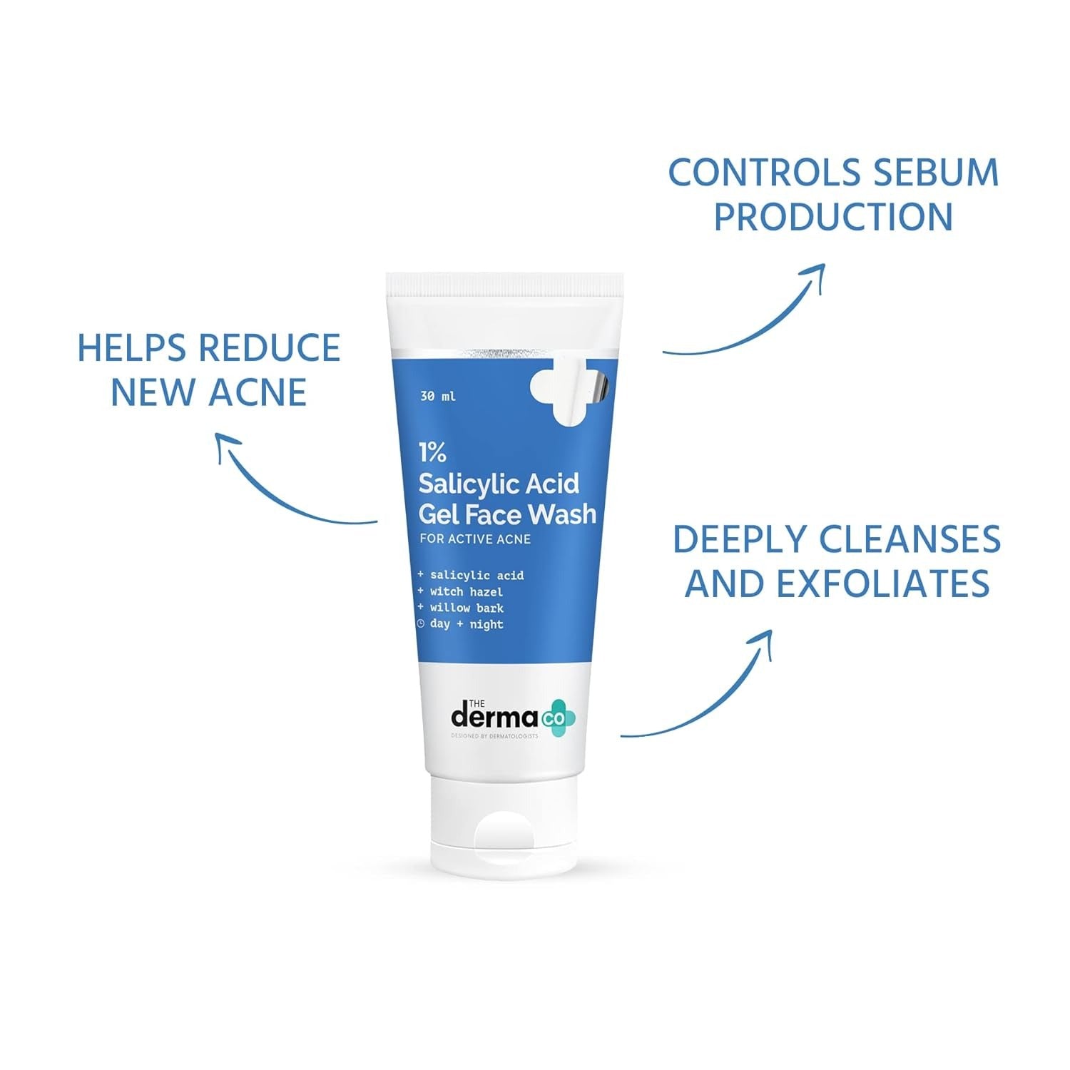 The Derma Co 1% Salicylic Acid Gel Face Wash with Salicylic Acid & Witch Hazel for Active Acne - 30 ml