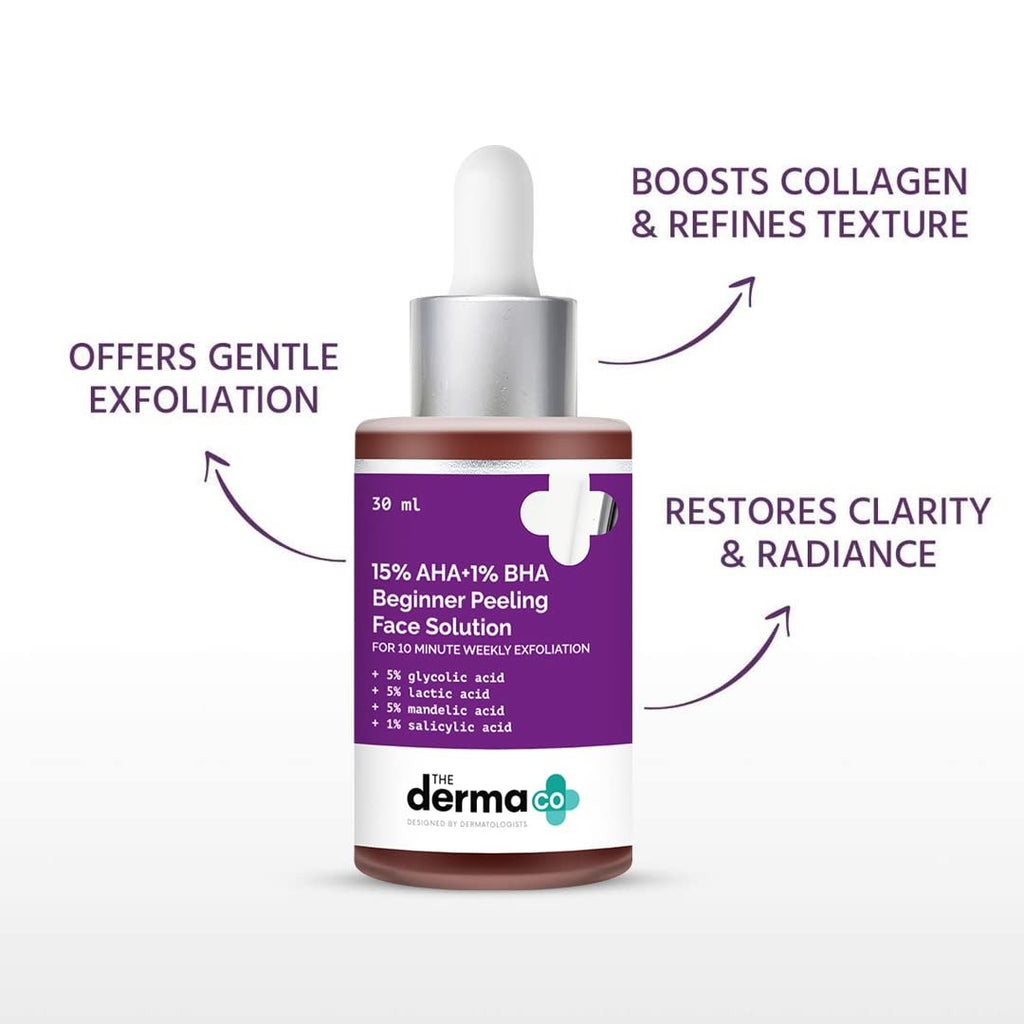 The Derma Co 15% AHA + 1% BHA Beginner Face Peeling Solution | For 10-Minute Weekly Exfoliation | 30 ml