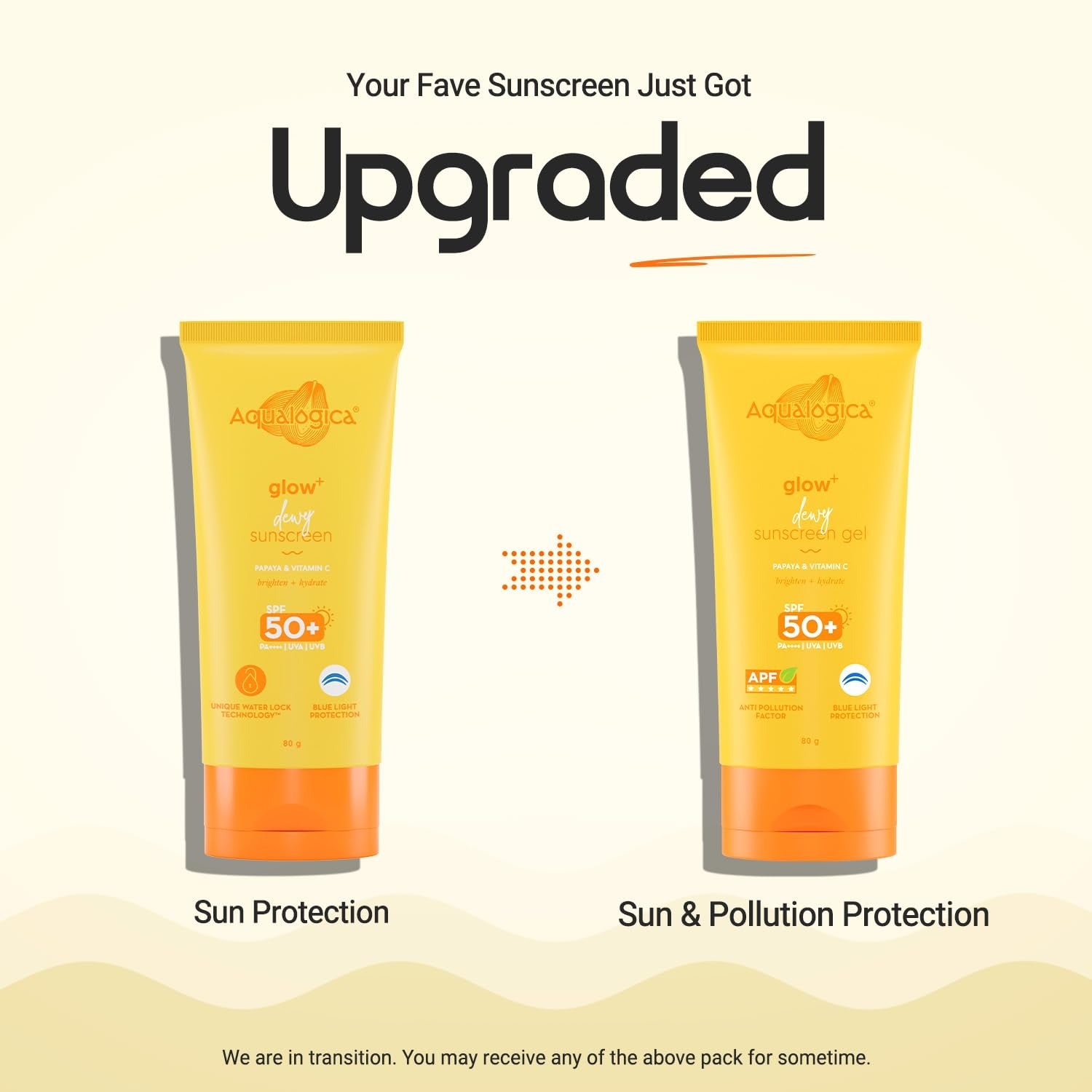 Aqualogica Glow+ Dewy Sunscreen Gel SPF 50+ PA++++ with Papaya & Vitamin C | UVA/B & Blue Light Protection | Anti-Pollution Factor (APF) Technology 80g