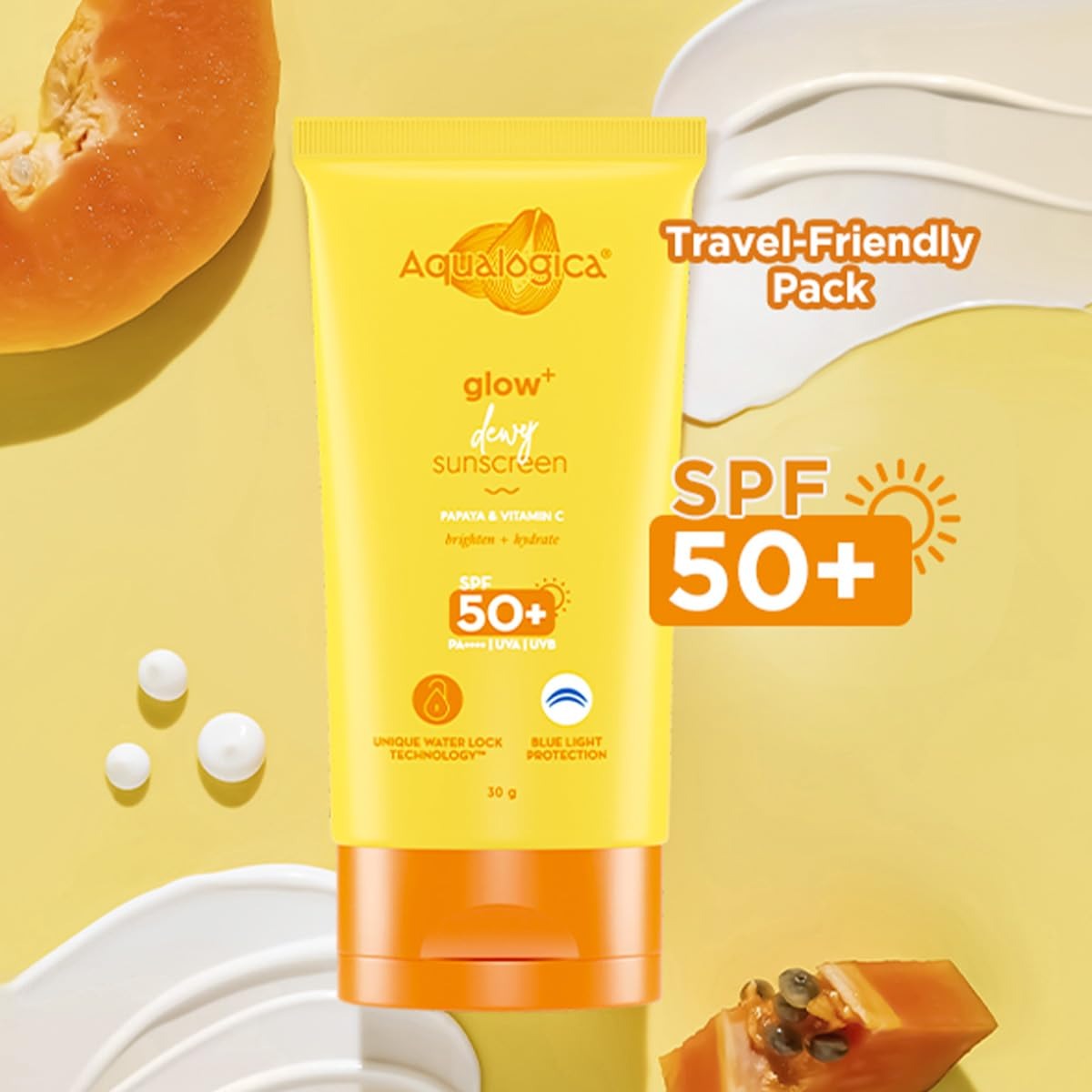 Aqualogica Glow+ Dewy Sunscreen Gel SPF 50 PA++++ with Papaya & Vitamin C | For Dry, Sensitive, Oily & Combination Skin | UVA/B & Blue Light Protection 30g