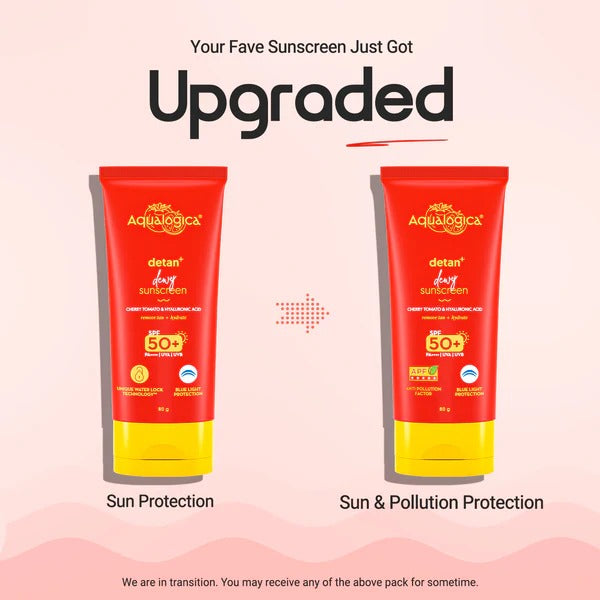 Detan+ Dewy Sunscreen In-Vivo Tested SPF 50+ PA++++ with Anti Pollution Factor (APF) | UVA/B & Blue Light Protection - 80g