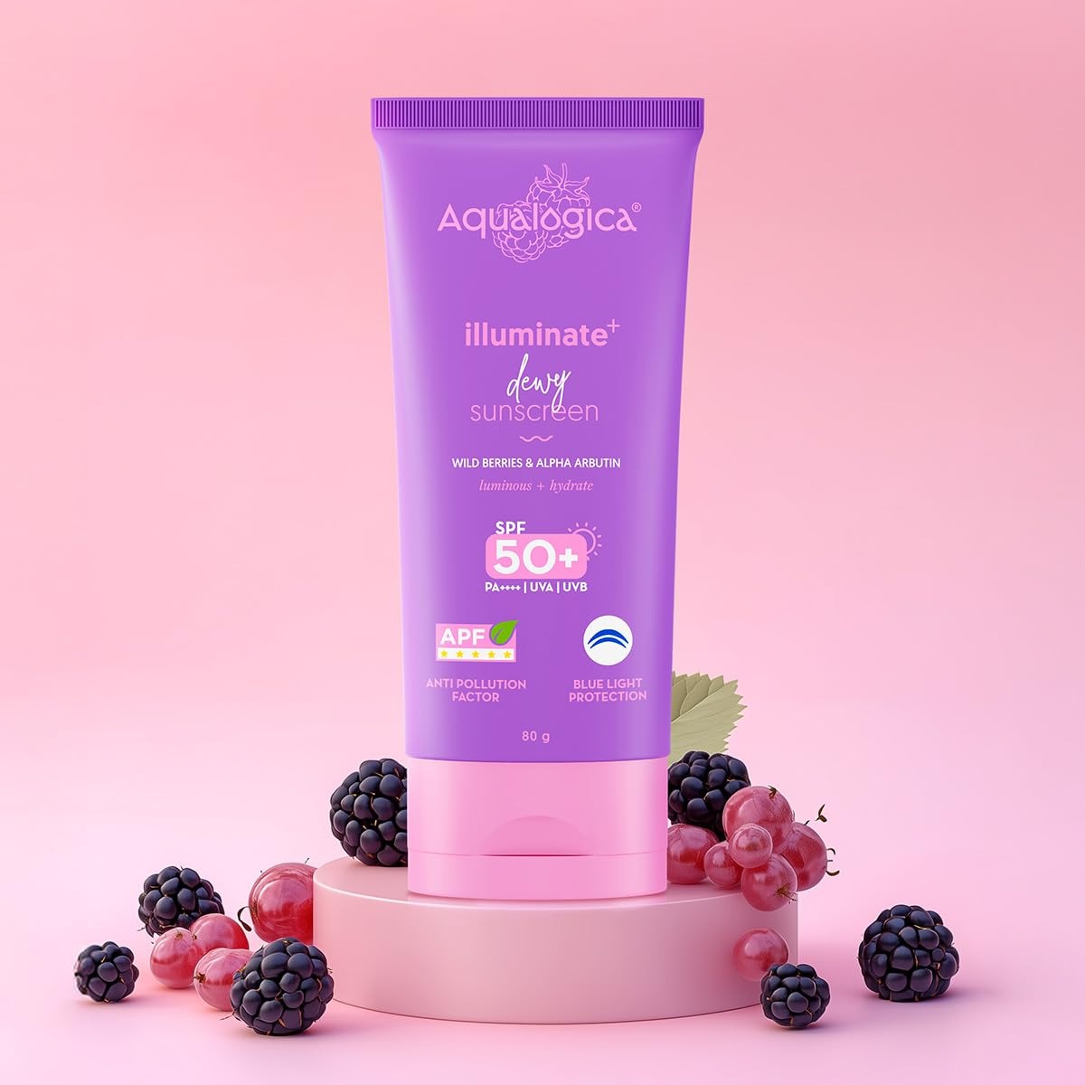 Aqualogica Illuminate+ Dewy Sunscreen SPF 50+ PA++++ with Wild Berries & Alpha Arbutin - 80 g | Broad Spectrum SPF 50+ PA++++ | UVA/B & Blue Light Protection