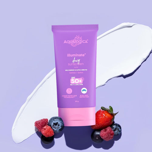 Aqualogica Illuminate+ Dewy Sunscreen Gel SPF 50+ PA++++ with Wild Berries & Alpha Arbutin | Broad Spectrum SPF 50+ PA++++ | UVA/B & Blue Light Protection