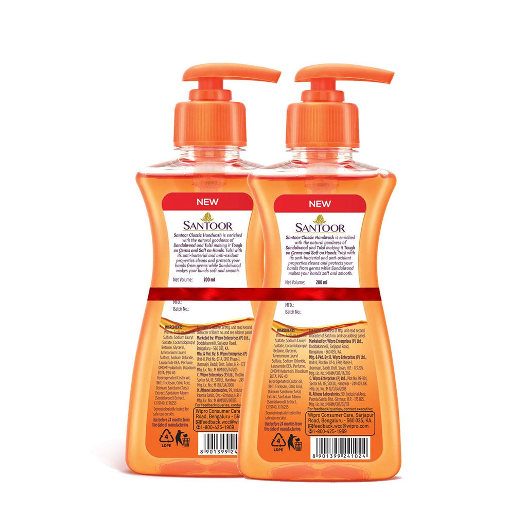 Santoor Hand wash Classic, 200ml (Buy 1 Get 1),moisturizing hand wash, germ protection hand wash, mild fragrance hand wash, skin friendly hand wash.