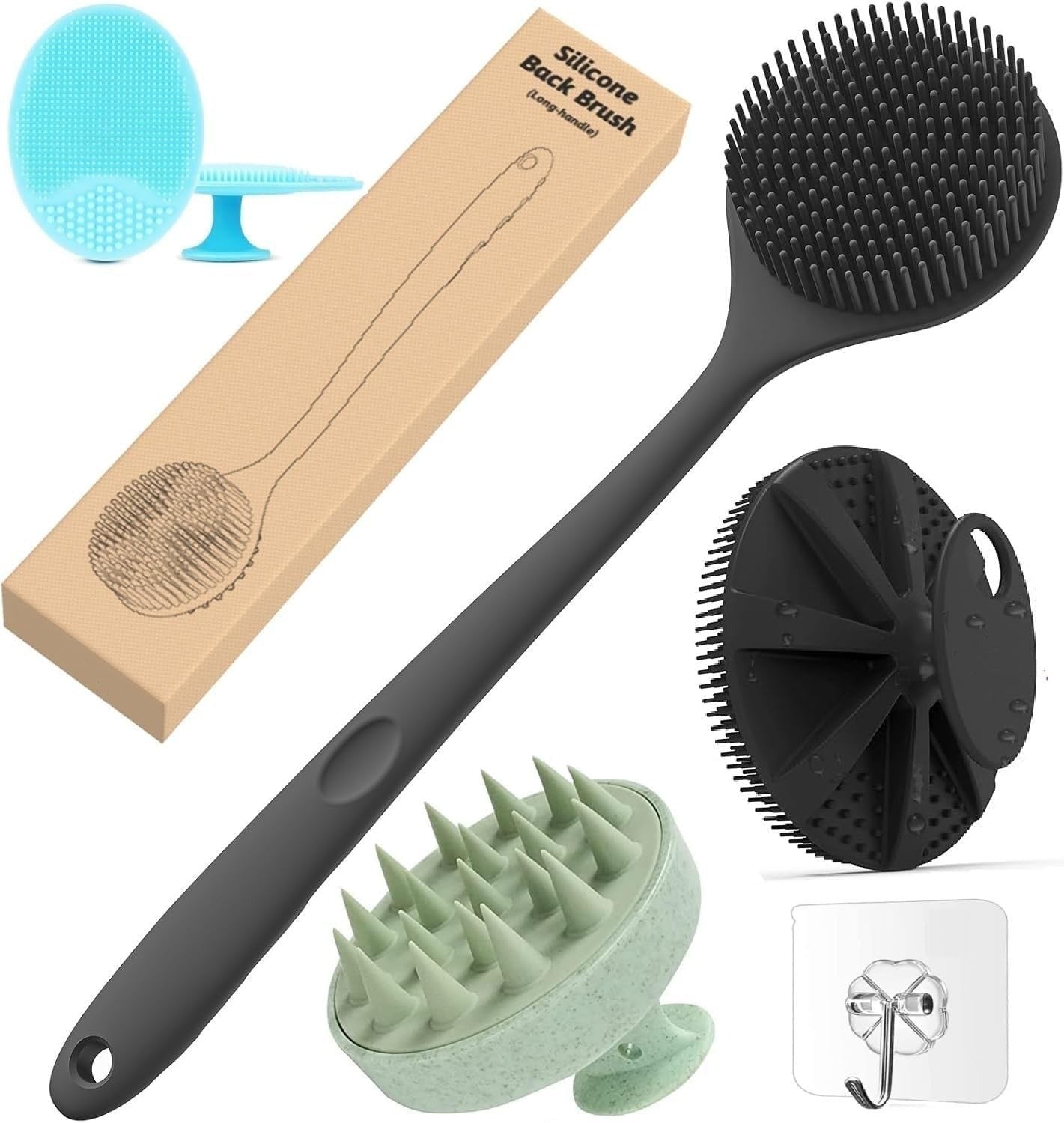 ANTIL'S 4-in-1 Soft Silicone Bath Brush Set | Long Handle Back Scrubber + Body Scrubber + Scalp Massager + Face Massager | Super Exfoliating & Lathering Shower,