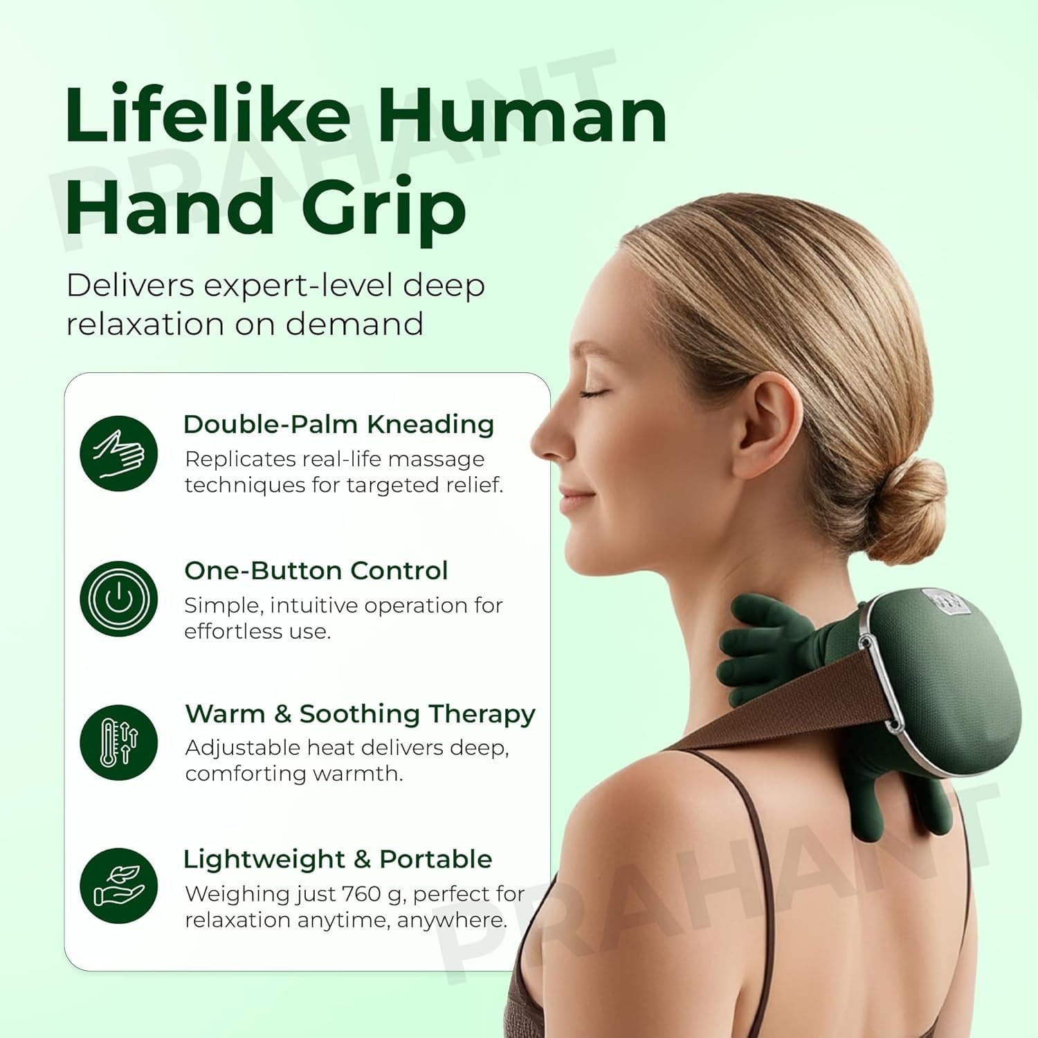 Bionic Heated Massager, Wireless Portable Shiatsu Neck, Back and Leg Massager, Electric Deep Tissue handlend 4D Kneading Massage, Human Hand Design for Blood Circulation, Pain Relief and Muscle Relaxation.