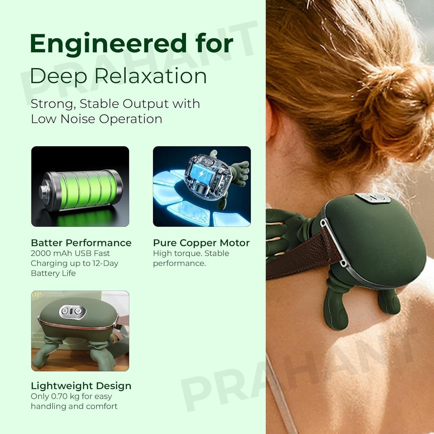 Bionic Heated Massager, Wireless Portable Shiatsu Neck, Back and Leg Massager, Electric Deep Tissue handlend 4D Kneading Massage, Human Hand Design for Blood Circulation, Pain Relief and Muscle Relaxation.