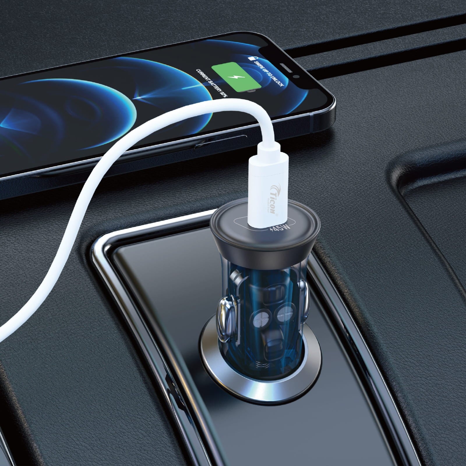 Ticon CC-145 Elegant Transparent PD Car Charger – 45W Fast Charging