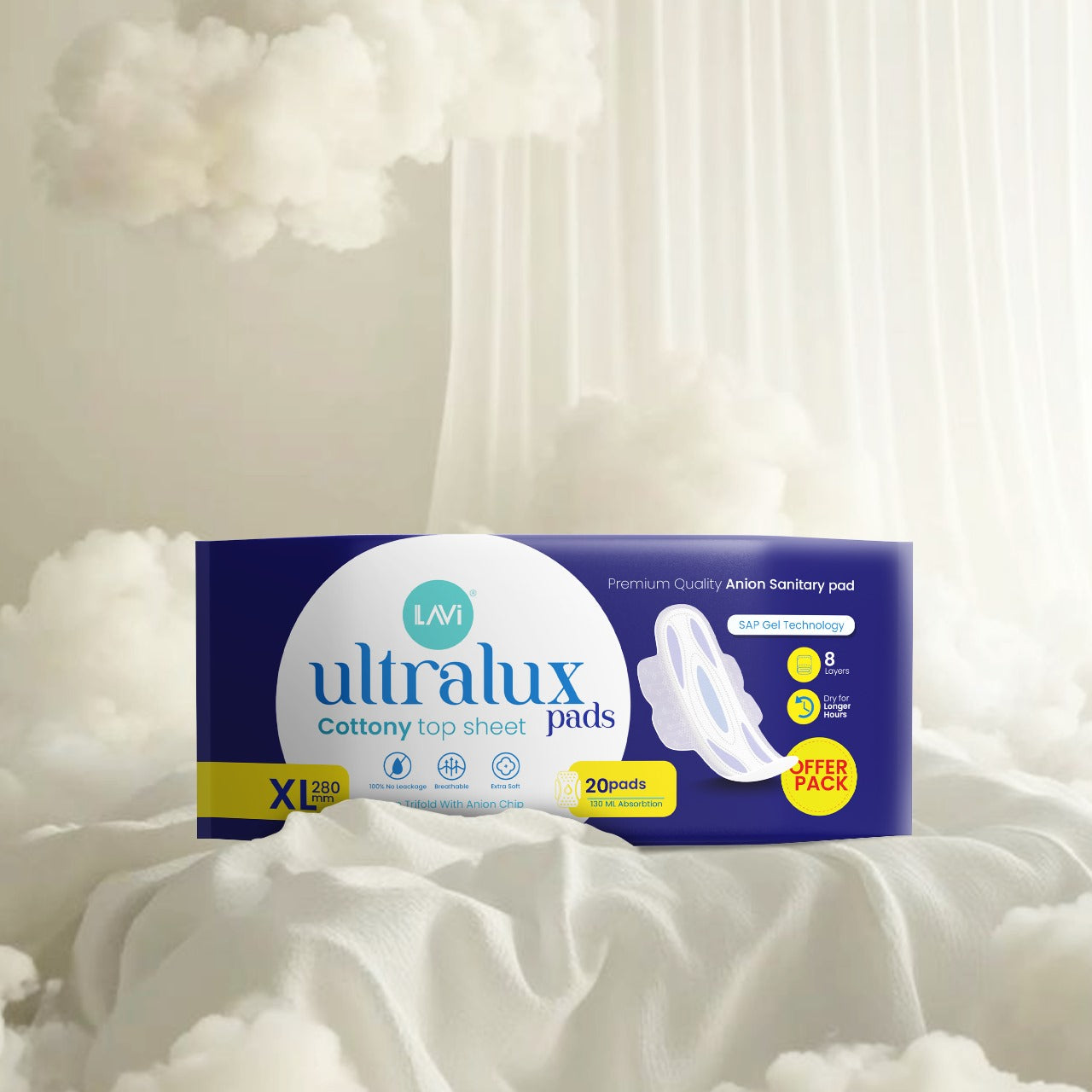 Ultralux Sanitary Pad Cotton XL | 20 PCS |SAP gel, Anion chips, Leak‑proof pad, Women hygiene