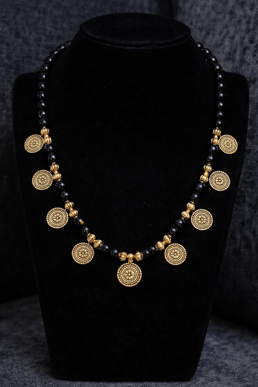 Traditional Black Gold Pendant Handmade Necklace Glass Beads with charms.