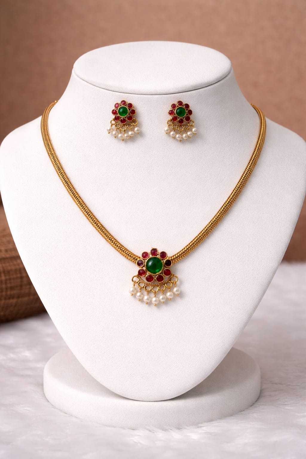 Royal Ruby Emerald Pearl Pendant Set