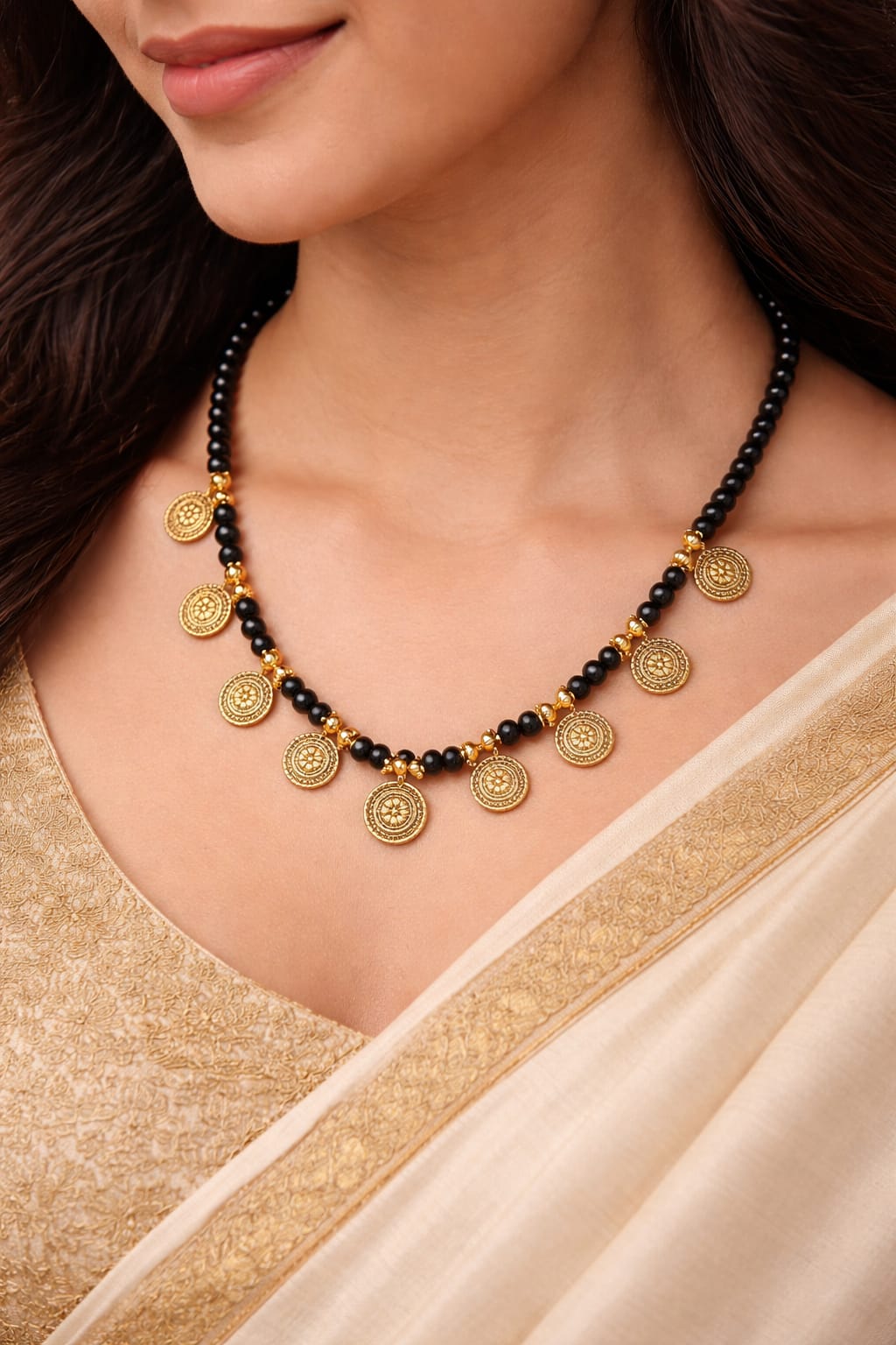 Traditional Black Gold Pendant Handmade Necklace Glass Beads with charms.