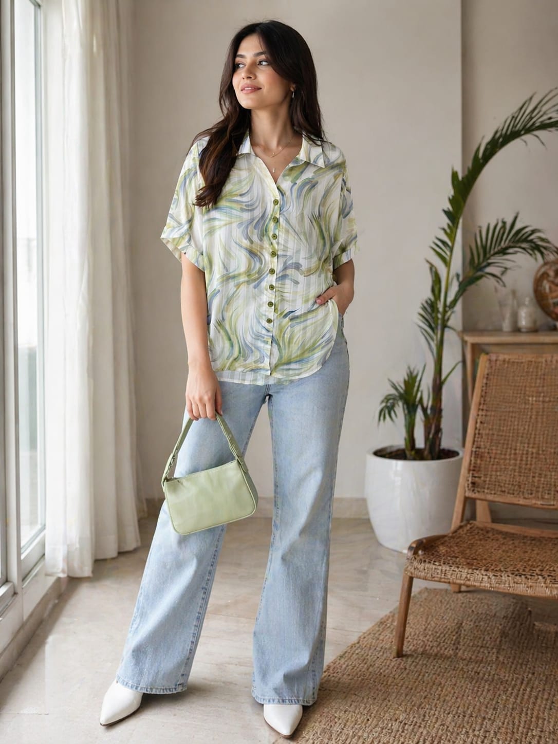 Mint Swirl Breeze Shirt | Cotton Silk | XXL | Korean crop Top | Chinese crop top |