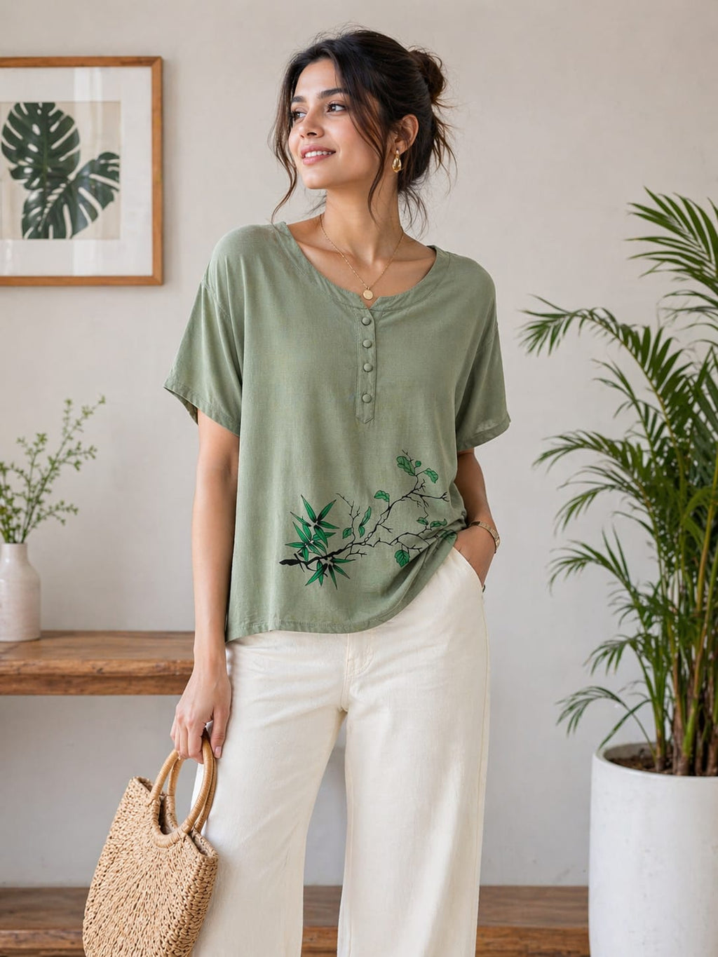 Olive Leaf Breeze Top | cotton Silk Material | korean & chinese crop top
