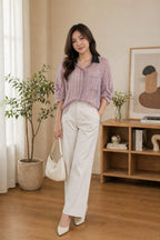 Women’s Striped Casual Shirt with Contrast Collar – Relaxed Fit Button-Down Top | korean and chinese crop top