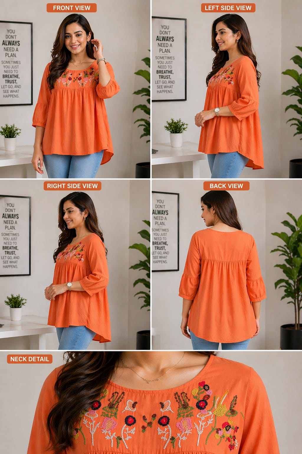 Women’s Stylish Orange Kurti Top – Floral Yoke Design Regular Fit | Korean & Chinesse crop Top xl | cotton soft material |