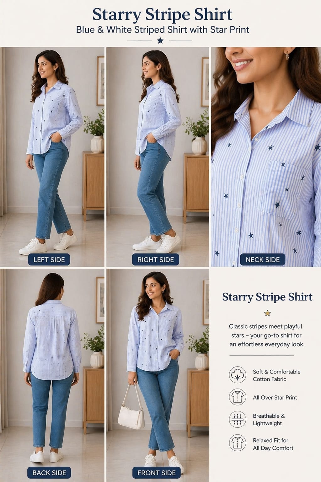 Sky Star Stripe Shirt | xxl | cotton silk |Korean & Chinese crop top