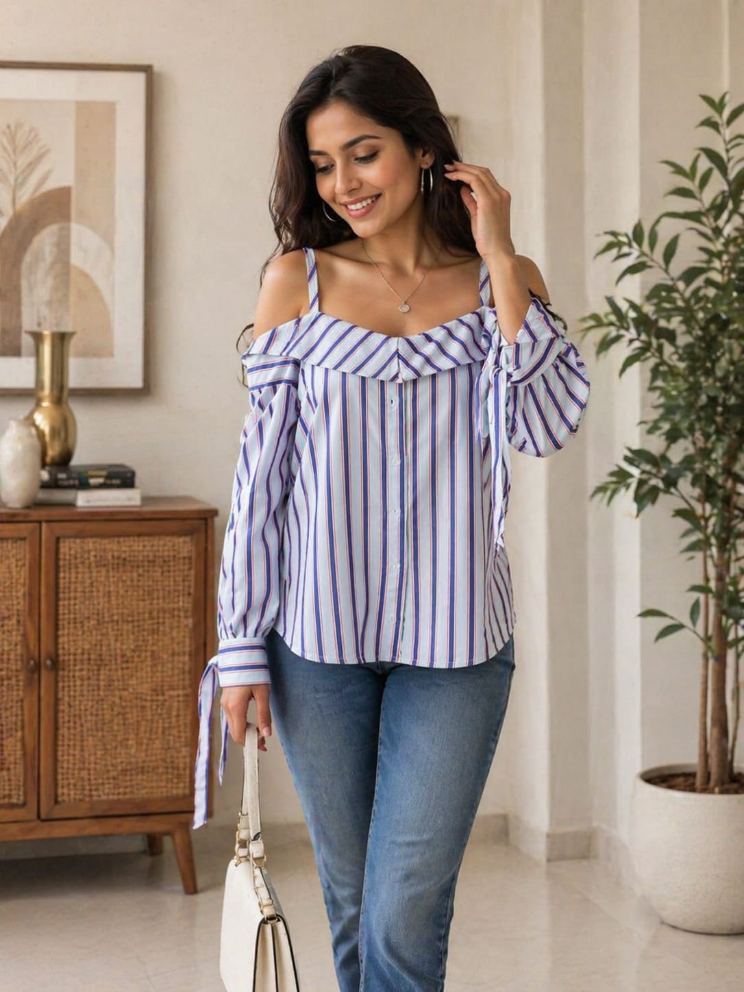Striped off shoulder tie sleeve top | xl | cotton silk material |Korean & Chineses. Crop top